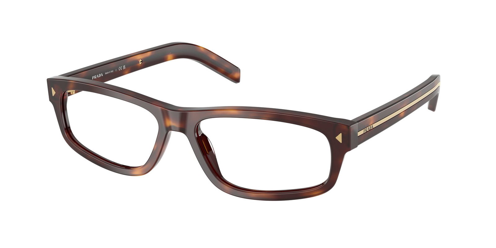 Das Bild zeigt die Prada Brille B02V in havanna leicht schräg von der Seite.